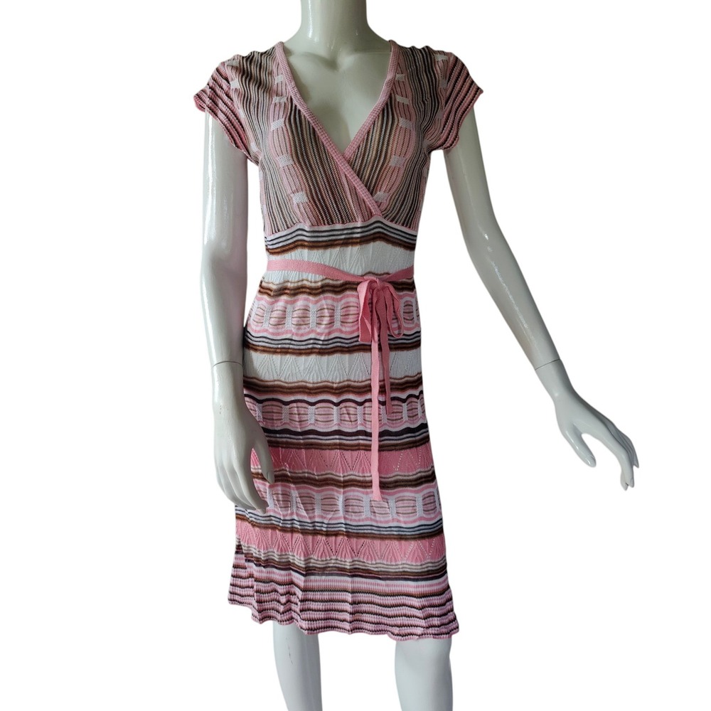 Demanding Y2K Chevron Knit Faux Wrap Dress Midi Pink Coquette Retro Belt M